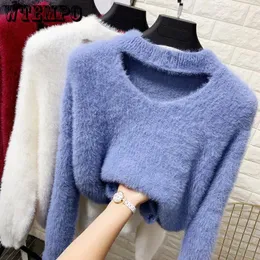 سترات النساء المجوفة Hollow Halter Half High Mink Fluff Autumn and Winter Lear Top Sweater Sweater Top Sweater Top