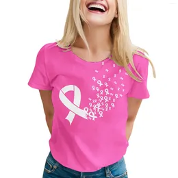 女性用ブラウスレディース10月ピンクシャツ乳がんアウェアネスグラフィックシャツラウンドネック半袖女性ティーデュセインブルサパラ