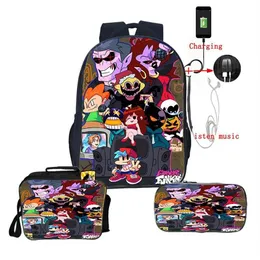Sırt çantası 3pcs Set Cuma Gecesi Funkin Güzel 3D Baskı Bookbag Erkek Kız Okul Sırt Çantaları USB Ücret Seyahat Sokak Çekiş Öğle Yemeği Box204t