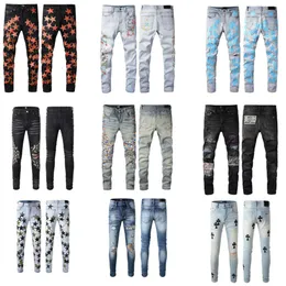 Mens Jeans 20SS 40 Designer Off ~ Men's Distressed Ripped Biker Slim Fit Motorcykel denim för män s toppkvalitet europeisk jean hombre brev starpurple jeans stack