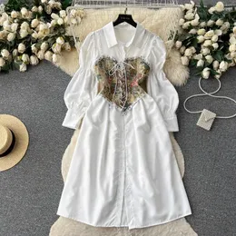 Casual Dresses Vintage Dress Vest 2 Piece Set Women Single Breasted Puff Sleeve Vestidos Femenino Womens French Court Retro Dropship