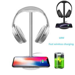 Kopfhörer-Ständer für schnelles kabelloses Laden, 5 W/7,5 W/10 W, Aluminium-Headset-Halter, Smartphone-Ladegerät-Adapter mit LED für alle Qi-Telefone