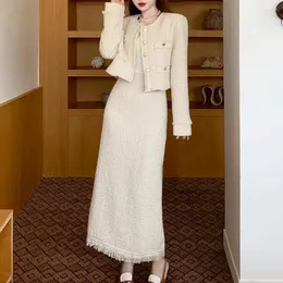 Zweiteiliger Kleid im Herbst Winter kleiner Duft Vintage Tweed Set Women Crop Top Short Jacket Copfel Lange Röcke Sets süße 2 Anzüge