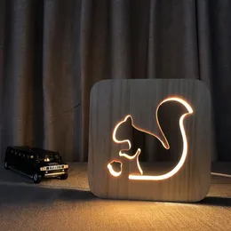 Wooden Squirrel Lamp Kids Bedroom Bedside Night Light Solid Wood LED USB Power Supply Night Light for Children Gift235N