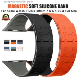 Assista Bandas Sile Magnetic Strap for Apple 8 Ultra 49mm 7 41 45mm Banda esportiva macia para I 6 5 4 3 SE 44mm 42 40mm 38mm Pulveração Q231223