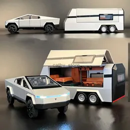 Electric/RC Car 1/32 Tesla Cybertruck Pickup Trailer Alloy Car Model Diecasts Metal Off-Road Fordon Truck Model Sound and Light Kids Toys Giftl231223