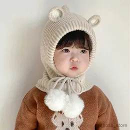 Scarves Wraps Children Plush Ball Lace Up Warm Ear Protection Hats Integrated Baby Cap Scarf Cute Little Bear Korean Edition Boy Girl Kids Hat