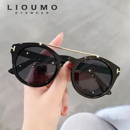 Solglasögon lioumo mode dubbel bridge design runda för män kvinnor vintage katt ögon körglasögon uv400 trendiga nyanser gafas sol249t