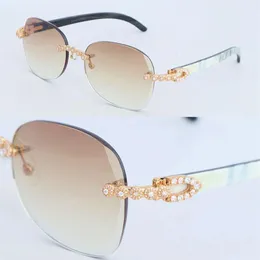 Luxury Moissanite Diamond Set Rimless Sunglasses Womans Original White Inside Black Buffalo Horn Men Glasses 3524012 Design Classi320o
