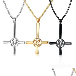 Pendant Necklaces Inverted Pentagram Cross Necklace Mens Satanic Symbol Stainless Steel Upside Down Lucifer Satan Crucifix Drop Deliv Dhf2M