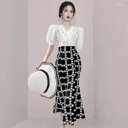 Arbeitskleider Sommer Frauen Rock Set Elegant Luxus 2-Stück Korea V-Ausschnitt Bubble Sleeve Spitzenhemd Top Meerjungfrau Modependler