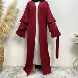 Ethnische Kleidung Muslim Perlen Multi-Layer Horn Ärmel Abayas Solid Strickjacken Roben mit Schnürkleid für Frauen Truthahn Nahe Osten Femme