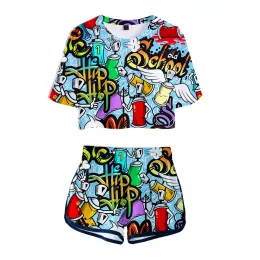 Graffiti 3D Print Ladies Tracksuit 2 -teilige Outfits für Frauen Crop Top Track -Anzug zwei Stück Set Top und Shorts Set Streetwear