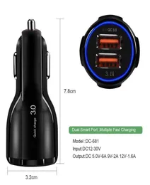 31A QC30 Szybkie szybkie ładowanie podwójne porty USB Adapters ładowarki samochodowe dla iPhone'a 7 8 11 12 13 Mini Samsung Huawei Android Telefon P9360988