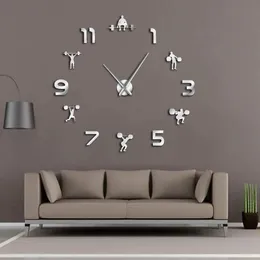 Klockor Viktlyftning Fitnessrum Väggdekor Diy Giant Wall Clock Mirror Effect Powerlifting Frameless Large Clock Gym Watch