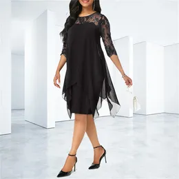 Casual Dresses Summer Formal For Wedding Guest Fashion Stor rund halsklänning Spets sparkad Medium Halva ärm Chiffon