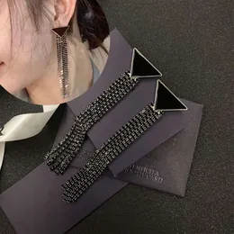 Stud Stud Women Fashion Brand Black Stud Earrings Triangle Long Tassel Chain Dangle Drop Ear Studs Have Stamps Eardrop Earrings For Lady Luxury Designer Brincos