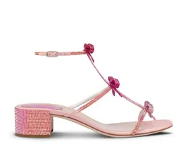 Parlak Pembe Düğün Partisi Elbise Sandal Kadın Heel Caterina Kristal Düzenli Sandal Ayak bileği Dantons Düşük Topuklu Rhinestone Ayakkabı Kelebek Kayış Boyutu 35-43EU Kutu