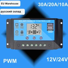 Tillbehör 30A/20A/10A 12V 24V Auto Solar Charge Controller PWM Controllers LCD Dual USB 5V utgång Solpanel PV Regulator