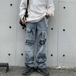 Mäns jeans jeans byxor för män märke klädtecknad anime tryck harajuku män byxor avslappnad mode graffiti lös streetwear ropa hombre j231222