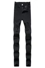 Men039s jeans trevliga män mode rippade hål blå denim hip hop silm fit blyerts byxor manliga streetwear nödställda stretch byxor9735920