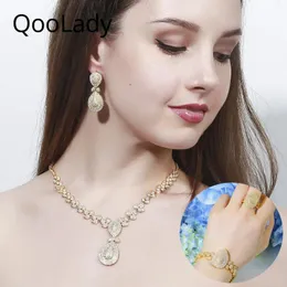 Bangle Qoolady 4 шт. Нигерийские золотые кубические циркониевые серьги с большим ожерельем Кольцо Dubai Свадебные свадебные аксессуары Z075