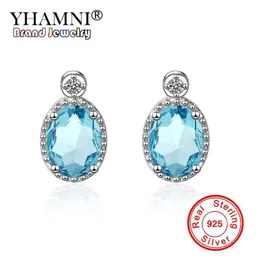 Yhamni New Fashion Sea Blue Stud Earrings 925 Sterling Sliver Jewelry Oval Cubic Zirconia Studörhängen Bröllop för kvinnor YED695264A