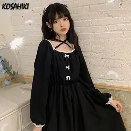 Camisolas kosahiki haruku verão mulheres vestidos góticos estilo punk punk laca vintage colar de colarinho comprido vestido de manga longa feminina midi vestido