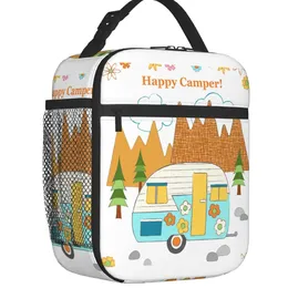 Väskor Happy Camp Cartoon Camper Thermal Isolated Lunch Bag Women Adventure Celeble Lunch Container för skola förvaringsmatslåda