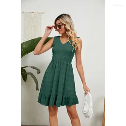 Casual Dresses Summer 2023 Jacquard Chiffon Loose V-Neck Fashion Sleeveless kjol Miniskirt Vitt klänning Kvinnor födelsedag