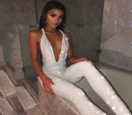 Artsu cinza Deep Vneck Sexy Sparkle Jumpsuit Women Bodycon Bandagem Glitter Backless Party Rompers Sleeseless Club Mumpsuit Mujer Y5238384