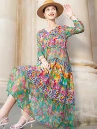 Платья высококачественная лето 2022 пляж Boho Vintage Print Silk V Sect Dress Elegant Party Rop Designer vestidos Свободные миди -платья