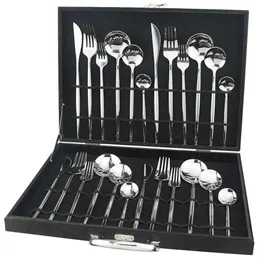 24pcs Cutlery Set 304 Stainless Steel Silver Dinnerware Set LNIFE Dessert Fork Spoon Silverware Kitchen Tableware Set Black Box 20247i