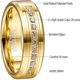 Anéis de casamento Vakki Men 8mm Tungsten Carbide Ring Band com cubica redonda Tamanho do engajamento da CZ banhada a zircônia de zircônia 7-12274p