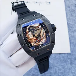 Wysokiej jakości najlepsza marka Richarx Millx Fibre Fibre Dragon i Phoenix Zodiac Skeleton Tourbillon Męskie zegarek silikonowy Sapphire Mirror Mechanical Man Watch