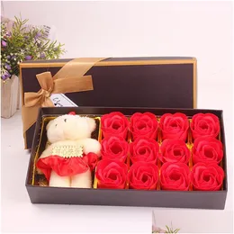 装飾的な花の花輪12 PCSソープローズギフトボックスロマンチックな人工熊おもちゃバレンタインデイフラワードロップデリバリーHO DH49M