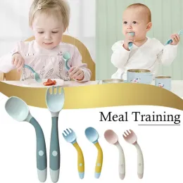 Dinnerware Sets Silicone Spoon For Baby Utensils Set Auxiliary Toddler Learn To Eat Training Bendable Soft Fork Infant Children Tablewa BJ