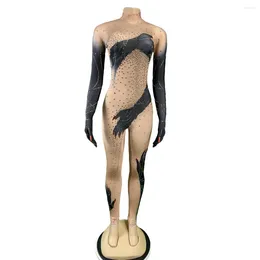 Stage Wear Fashion 2024 Kobiety Spandex Jumpsuits z rękawiczkami Rhinestone Night Club Las Vegas Showgirl Dance Costume