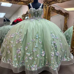 Sage Green Green Sweetheart 3d Flowers Tull Quinceanera Dress Ball Ball Dress Dress Dressy 16th Festido de Charra 15 Anos