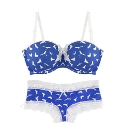 Bras define Miaoersidai Sexy Girls Bra Conjunto de sutiã Flying Bird Blue Impresso Roupa Underleira BRALETTE E BREME