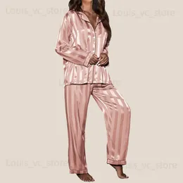 Abbigliamento da donna da donna Silk Silk Satin Satin Set a maniche lunghe Stripe Cardigan Stampa sciolte pantaloni larghi a due pezzi comodi abiti da letto comodi T231223 T231223