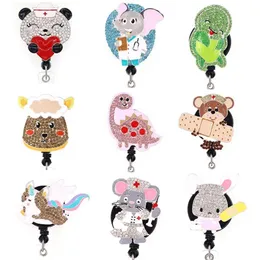 Nyaste nyckelringar Rhinestone Medical Cartoon Animal Nurse Infällbart ID Badge Holder Pull Reel298x