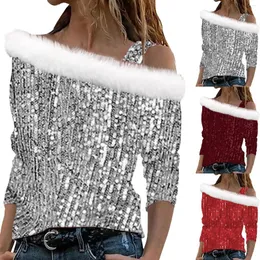 Kvinnors blusar sequined mode casual one axel långärmad krage topp damer v nack skjortor för kvinnor 2x