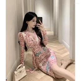 Casual Dresses Slim Mesh Pencil Sexy Short Lace-up V-neck Knee-length Print Pink Dress Autumn And Winter Women's Elegant