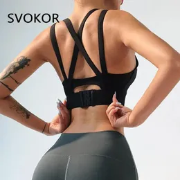 Tanks SVOKOR High Support Sports Tops Women Fitness Gym Crop Tops Push Up Workout Padded Underwear Halter Elastic Tank Cross Back Bras