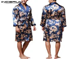 Incerun Fashion Satin Silk Silk Pigna Mens Augio Long Aokrobe Lucky Cinese Dragon Stampa Augio da cammino da cammino Sleep abbigliamento Lounge14856177