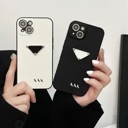 Projektanty telefoniczne Premium Aplikacja skórzana po stronie English iPhone Case 14pro Case Triangle Etykieta Pełna okładka 13/12 Black White