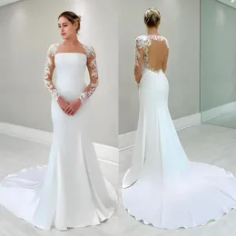 Fabulous Mermaid Backless Wedding Dresses With Lace Long Sleeves Bridal Gowns Square Neckline Satin Sweep Train Vestido De Novia