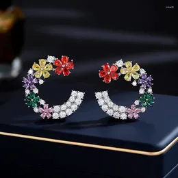Stud Earrings Sweet Temperament Colorful Cubic Zirconia Flower Design Simple