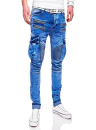 Mens Biker Jeans Street Style Casual Zipper Multi Pocket Denim Pants Knee Ruched Skinny Slim Fit Byxor för man6176636